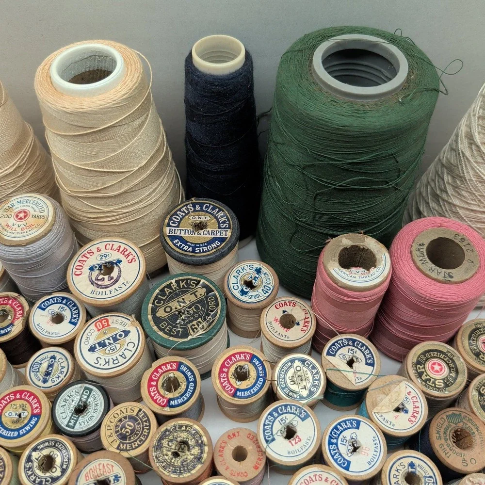Vintage Sewing Thread Lot Coats & Clark Star Talon Wood Spools Cones Mixed Color